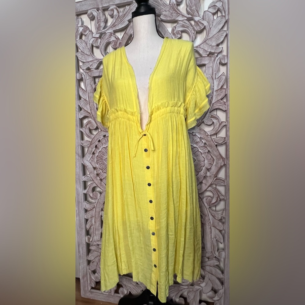 NWOT Peach Love Yellow Beach Coverup Button Front Sundress Ruffle Sleeve Sz L - Picture 2 of 5
